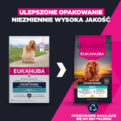 Porównanie starego i nowego opakowania Eukanuba Cocker Spaniel Adult. Uwaga: ulepszone opakowanie, niezmieniona jakość. Opakowanie nadaje się do recyklingu.