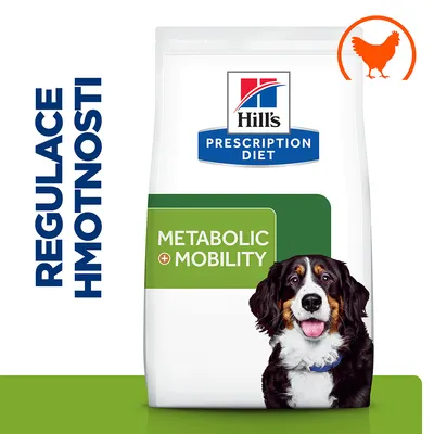 Hill's Prescription Diet Metabolic + Mobility, regulace hmotnosti, balení s obrázkem psa a symbolem kuřete. Text: METABOLIC + MOBILITY.