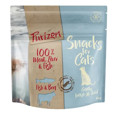 Purizon Snacks for Cats, 100% Meat, Liver & Fish, Fish & Beef, Gently freeze dried, 40 g. Tekst: 100% Tasty – 0% Grain.