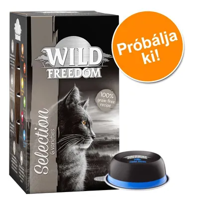 Wild Freedom Selection 6 varieties macskaeledel doboz, 100% grain-free recipe felirattal, narancssárga körben: Próbálja ki!, egy adag tálka a kép jobb alsó sarkában