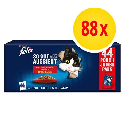 Caja de comida húmeda para gatos Purina Felix, 44 sobres con ternera, pollo, pato y cordero en gelatina. Texto visible en alemán e inglés. Oferta destacada: 88x.