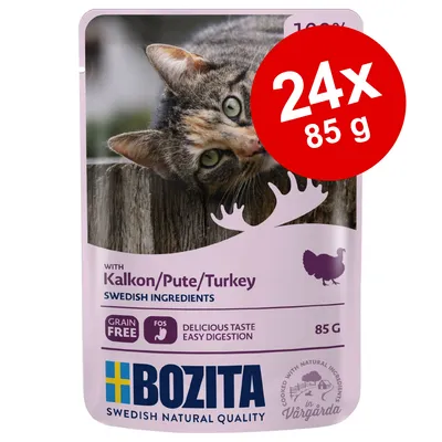 Bozita kissan märkäruoka, kalkkunaa. Pakkaus: 24 x 85 g. Viljaton, helppo sulavuus, ruotsalaiset ainesosat. Tuotenimi ja tiedot näkyvissä pakkauksessa.
