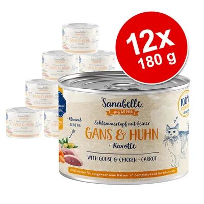 Sanabelle Gans & Huhn + Karotte våtfoder för katt, 12 x 180 g burkar. Text: with goose & chicken + carrot, olivolja, komplett foder för vuxna katter.