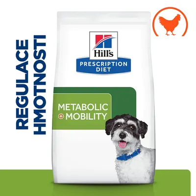 Hill's Prescription Diet Metabolic + Mobility, nápis REGULACE HMOTNOSTI, obrázok psa a silueta sliepky na obale krmiva pre psov.