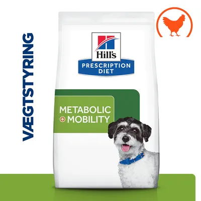 Hill's Prescription Diet Metabolic + Mobility hundefoder, tekst: VÆGTSTYRING, billede af lille sort-hvid hund og orange kyllingesymbol øverst til højre på posen. Hill's Prescription Diet Metabolic + Mobility hundefoder, tekst: VÆGTSTYRING, billede af lille sort-hvid hund og orange kyllingesymbol øverst til højre på posen.