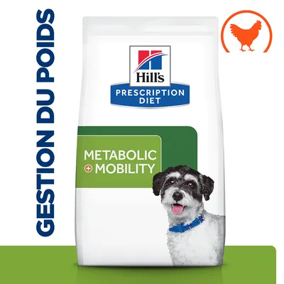 Sac Hill's Prescription Diet Metabolic + Mobility pour chien, texte visible : GESTION DU POIDS, image de poulet orange en haut à droite. Sac Hill's Prescription Diet Metabolic + Mobility pour chien, texte visible : GESTION DU POIDS, image de poulet orange en haut à droite.