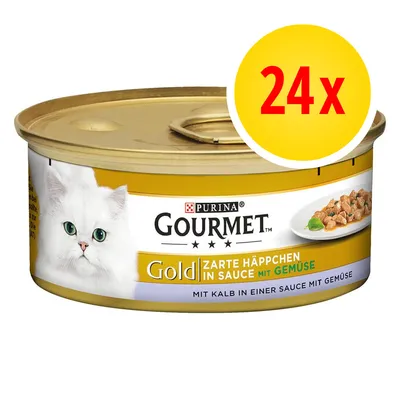 Purina Gourmet Gold Zarte Häppchen in Sauce mit Gemüse, confezione da 24x. Testo tedesco visibile: Mit Kalb in einer Sauce mit Gemüse.
