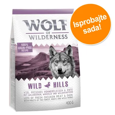 Wolf of Wilderness Wild Hills, 100% grain-free recipe, lots of fresh chicken meat & duck, 400 g. Narančasti krug s tekstom: Isprobajte sada!
