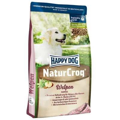 Ambalaj hrană pentru câini Happy Dog NaturCroq Welpen. Text vizibil: 'Premium-Vollnahrung für Welpen aller Rassen ab der 4. Woche (29/14)', 'Ohne Soja, Farb- & Konservierungsstoffe!'.