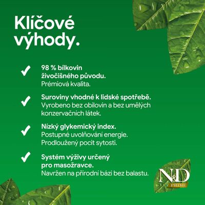 Klíčové výhody: 98 % živočišných bílkovin, ingredience v potravinářské kvalitě, bez obilovin a umělých konzervačních látek, nízký glykemický index, výživový systém pro masožravce.