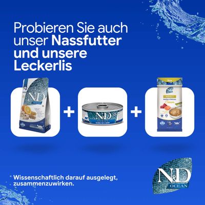 Probieren Sie auch unser Nassfutter und unsere Leckerlis. Wissenschaftlich darauf ausgelegt, zusammenzuwirken. Abgebildet: ND Ocean Trockenfutter, Nassfutter, Leckerli.