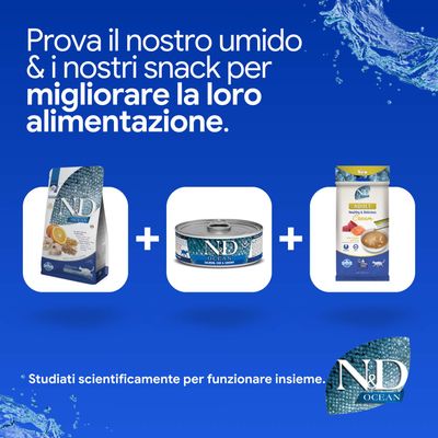N&D Ocean crocchette, alimento umido e snack. Sviluppato scientificamente per migliorare l'alimentazione insieme.