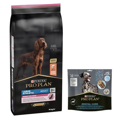PURINA PRO PLAN 12 / 14 kg + friandises Dental Care 345 g ou 426 g offertes ! Large Athletic Adult Sensitive Skin saumon (14 kg) + Dental Care pour grand chien (25-40 kg)(426 g)
