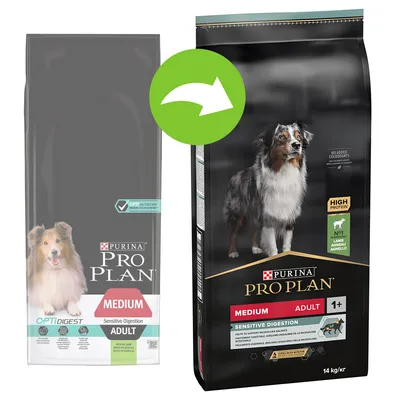 Pungi de hrană pentru câini Purina Pro Plan Medium Adult Sensitive Digestion, imagine cu ambalaj vechi și nou. Text vizibil: High Protein, No1 Lamb, 14 kg. Pungi de hrană pentru câini Purina Pro Plan Medium Adult Sensitive Digestion, imagine cu ambalaj vechi și nou. Text vizibil: High Protein, No1 Lamb, 14 kg.