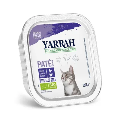 Yarrah Bio-Organic kattenpaté met kalkoen en aloë vera, graanvrij recept, 100 g. NL-BIO-01 EU/non-EU Agriculture. Pure food for all, bio organic sinds 1992.