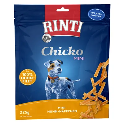 Rinti Chicko Mini Huhn-Häppchen, 225g Packung. Mit 100% Huhnfilet, nur 3 kcal pro Stück. Rinti Chicko Mini Huhn-Häppchen, 225g Packung. Mit 100% Huhnfilet, nur 3 kcal pro Stück.