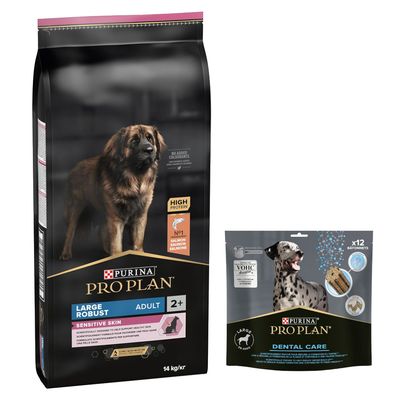 PURINA PRO PLAN 12 / 14 kg + friandises Dental Care 345 g ou 426 g offertes ! Large Robust Adult Sensitive Skin saumon (14 kg) + Dental Care pour grand chien (25-40 kg)(426 g)