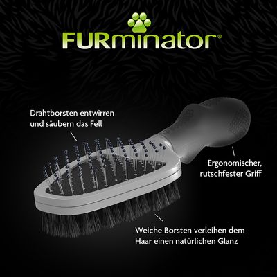 FURminator Bürste mit Drahtborsten zum Entwirren und Reinigen des Fells, weiche Borsten für natürlichen Glanz, ergonomischer rutschfester Griff.