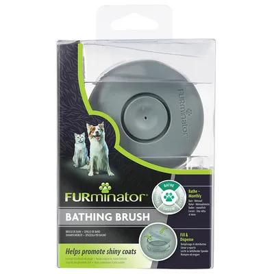 FURminator Bathing Brush zur Fellpflege. Unterstützt glänzendes Fell, mit Spenderfunktion für Shampoo. Empfohlen monatlich zu verwenden. Geeignet für Hunde und Katzen. FURminator Bathing Brush zur Fellpflege. Unterstützt glänzendes Fell, mit Spenderfunktion für Shampoo. Empfohlen monatlich zu verwenden. Geeignet für Hunde und Katzen.