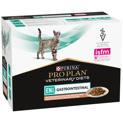 PURINA PRO PLAN VETERINARY DIETS EN GASTROINTESTINAL, apetitní kousky s lososem, obrázek kočky a misky s krmivem, isfm certifikace na obalu