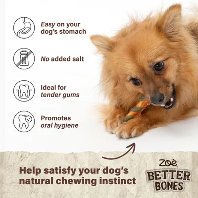 Zoë Better Bones. Gentle on the stomach, with no added salt, ideal for sensitive gums, promotes oral hygiene. Supports the natural chewing instinct.