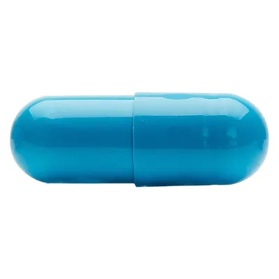 Gélule vide en plastique bleu, forme allongée, sans marque ni texte visible.