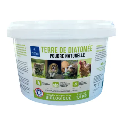 Demavic Terre de Diatomée, polvo natural, 1,5 kg. Efecto natural no químico contra insectos y parásitos. Apto para hábitats de animales. Certificado biológico.