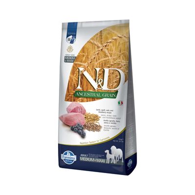 N&D Ancestral Grain Adult Dog Medium & Maxi, jahňacie, špalda, ovos a čučoriedky recept. Farmina Pet Foods. Výživový systém pre mäsožravce.