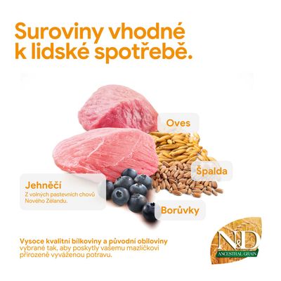 Prísady: jahňacie mäso z pastvy, ovos, špalda, čučoriedky. Kvalitné bielkoviny a pôvodné obilniny pre vyváženú výživu zvierat. N&D Ancestral Grain.