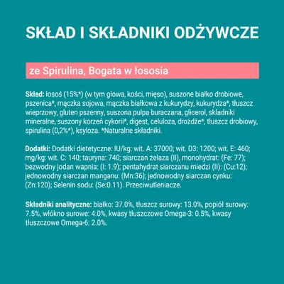 Skład i składniki odżywcze: łosoś 15 %, spirulina, bogata w łososia. Białko 37 %, tłuszcz surowy 13 %, popiół 7,5 %, włókno 4 %, Omega-3 0,5 %, Omega-6 2 %. Dodano witaminy i minerały.
