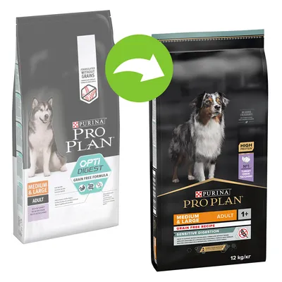 Pungi hrană uscată pentru câini Purina Pro Plan Medium & Large Adult, imagine cu vechiul și noul ambalaj. Text vizibil: Grain Free Formula, Sensitive Digestion, 12 kg. Pungi hrană uscată pentru câini Purina Pro Plan Medium & Large Adult, imagine cu vechiul și noul ambalaj. Text vizibil: Grain Free Formula, Sensitive Digestion, 12 kg.