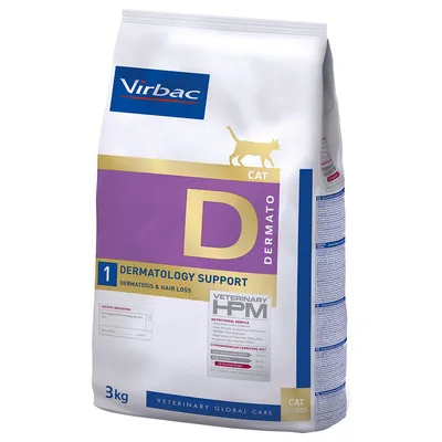Hrană uscată pentru pisici Virbac D Dermato, 3 kg. Dermatology Support, Veterinary HPM, indicată pentru dermatoză și căderea părului. Text vizibil: CAT ALL SIZES, VETERINARY GLOBAL CARE.