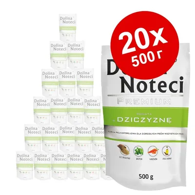 Dolina Noteci Premium, 20 пакета по 500 г. Видими съставки: ориз, грах, моркови, ленено масло. Текст на полски език: bogata w dziczyznę.