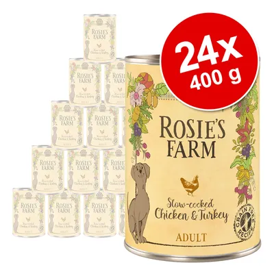 Rosie's Farm Slow-cooked Chicken & Turkey Adult, 24x400g Dosen, getreidefreie Rezeptur. Abbildung der Produktverpackung mit Hund und Huhn.