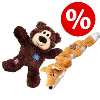 Zwei Plüschspielzeuge, ein brauner Bär und ein orangefarbener Fuchs mit aufgenähten Patches. Rotes Prozentzeichen für Rabattaktion oben rechts.