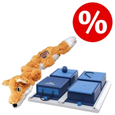 Plüsch-Fuchs-Spielzeug und blaues Intelligenzspielbrett mit vier Fächern, rotes Prozentzeichen für Rabattaktion sichtbar.
