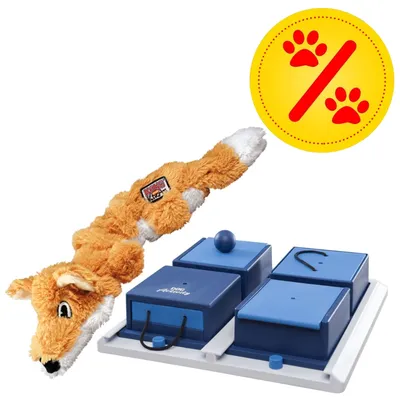 Plüsch-Fuchs-Spielzeug und Intelligenzspiel mit vier blauen Boxen, gelbes Rabatt-Symbol mit roten Pfotenabdrücken oben rechts.