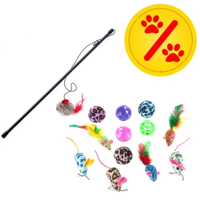 Set mit Spielangel, bunten Bällen und Plüschmäusen mit Federn. Gelbes Symbol mit roten Pfotenabdrücken und Prozentzeichen für Rabattaktion.