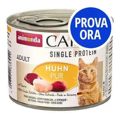 animonda Single Protein Adult Huhn Pur, pollo puro, senza cereali, con taurin, 100% ingredienti freschi, Made in Germany. Etichetta blu: PROVA ORA.
