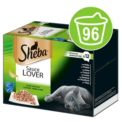 Sheba Sauce Lover Coffret Terre & Mer, 12 barquettes. Variétés : poulet, canard, saumon, thon. Sceau vert avec chiffre 96 visible sur l’emballage.