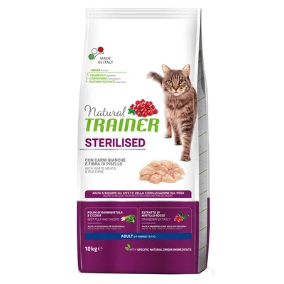 Sac de croquettes Natural Trainer Sterilised pour chat adulte stérilisé, 10 kg, avec viandes blanches et fibre de pois, pulpe de betterave, extrait de myrtille rouge. Made in Italy.