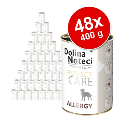 48×400 г Dolina Noteci Premium Perfect Care Allergy, изображены банки корма для собак с надписями: For sensitive dogs, Salmon oil, No grain.