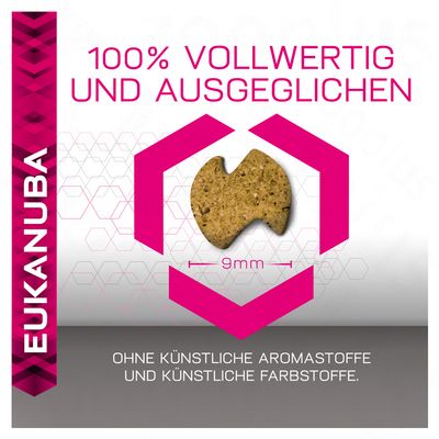 EUKANUBA, 100% VOLLWERTIG UND AUSGEGLICHEN, bez umjetnih aroma i boja, veličina granule 9 mm. Tekst na njemačkom jeziku.
