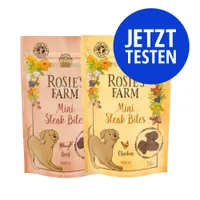Rosie's Farm Mini Steak Bites Beef und Chicken, Adult, 70g, getreidefreie Rezeptur. Blauer Kreis mit weißem Text: JETZT TESTEN.