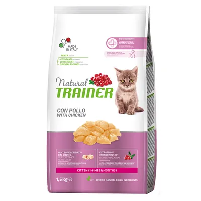 Natural Trainer krmivo pro koťata (1–6 měsíců) s kuřecím, vyrobeno v Itálii, bez barviv, konzervantů a přidaného cukru. S extraktem z brusinek a kvasnic, balení 1,5 kg. Natural Trainer krmivo pro koťata (1–6 měsíců) s kuřecím, vyrobeno v Itálii, bez barviv, konzervantů a přidaného cukru. S extraktem z brusinek a kvasnic, balení 1,5 kg.