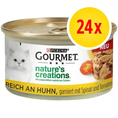Purina Gourmet nature's creations, reich an Huhn, garniert mit Spinat und Tomaten, opakowanie 24x. Tekst w języku niemieckim.