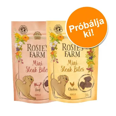 Rosie’s Farm Mini Steak Bites Beef és Chicken, Adult, 70 g, Grain Free Recipe. Próbálja ki! felirat narancssárga körben a csomagoláson.