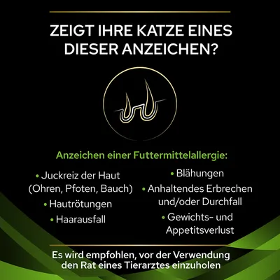 Zeigt Ihre Katze eines dieser Anzeichen? Symptome einer Futtermittelallergie: Juckreiz, Hautrötungen, Haarausfall, Blähungen, Erbrechen, Durchfall, Gewichtsverlust. Tierarzt konsultieren empfohlen.