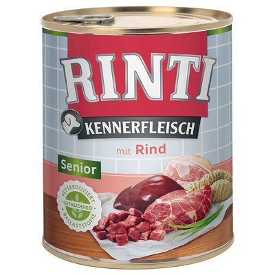 Konzerva Rinti Kennerfleisch Senior mit Rind, nápisy: fettreduziert, getreidefrei, ballaststoffe. Zobrazené kúsky hovädzieho mäsa a vnútorností na obale.