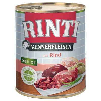Консерва Rinti Kennerfleisch mit Rind Senior. Видны куски говядины, печень, зелёная маркировка Senior, надписи: fettreduziert, getreidefrei, ballaststoffe.